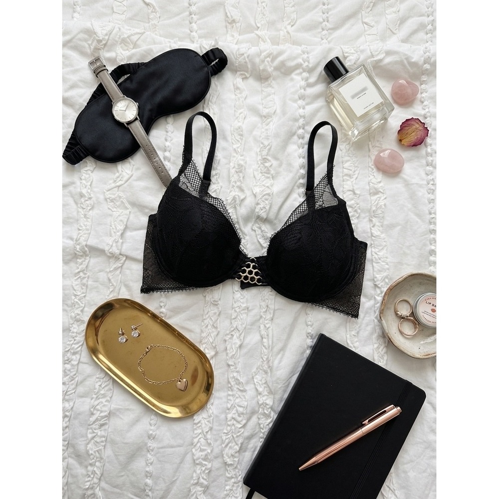 LIVY Black Lace Underwire Bra with Gold Honeycomb Detail 32D